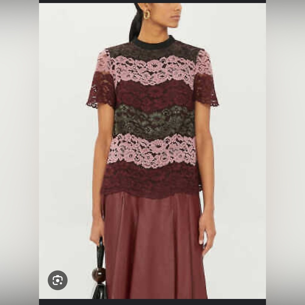 Ted Baker Color Block Lace Top Size 3 (6/8) Scalloped Hem High Neck Bodice Lined